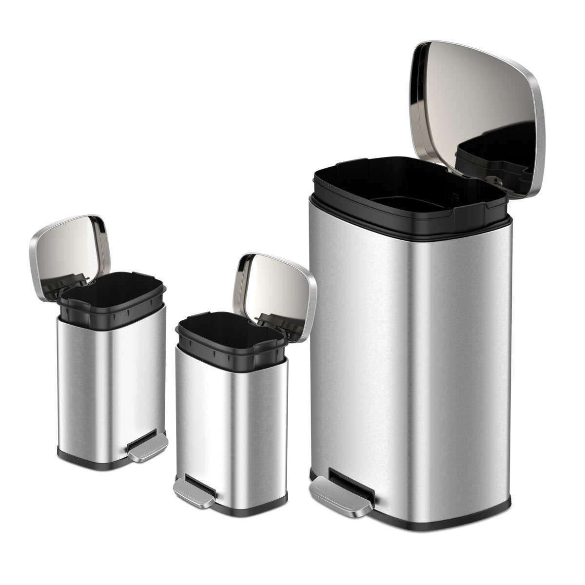 Qualiazero 13.2 Gallon & Two 1.3 Gallon Stainless Steel Rectangular Step On Trash Can Set