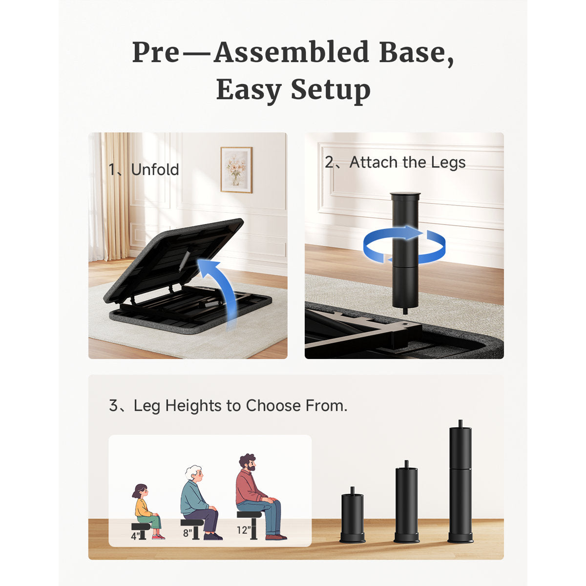 Queen Adjustable Bed Frame, Independent Head and Foot Incline, Quiet Motor, Wired Remote, 3 Height Options, Tool-Free Assembly, Electric Bed Base for Reading and Watching TV