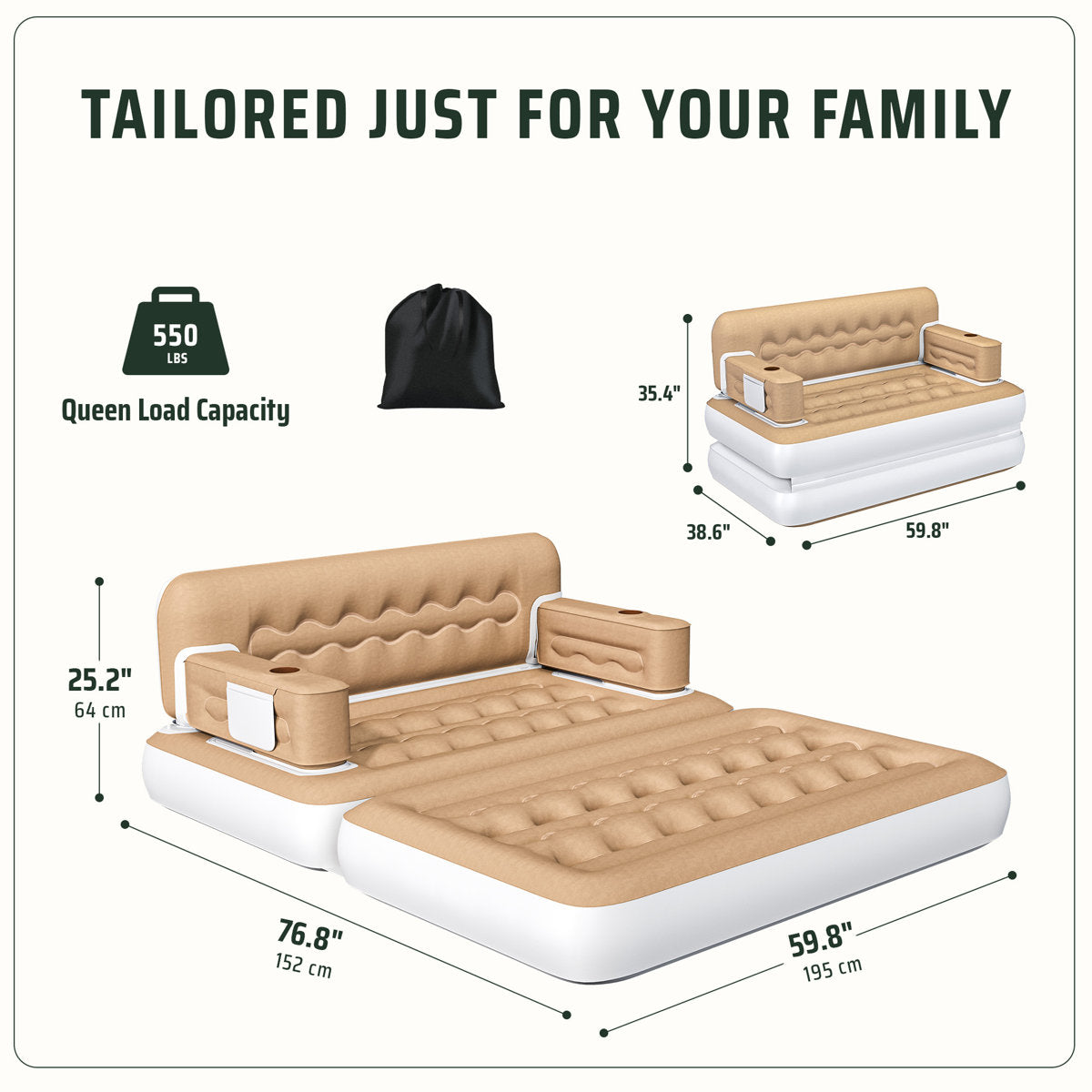 Queen Air Sofa Bed Mattress with Wave Pattern Headboard & Pump