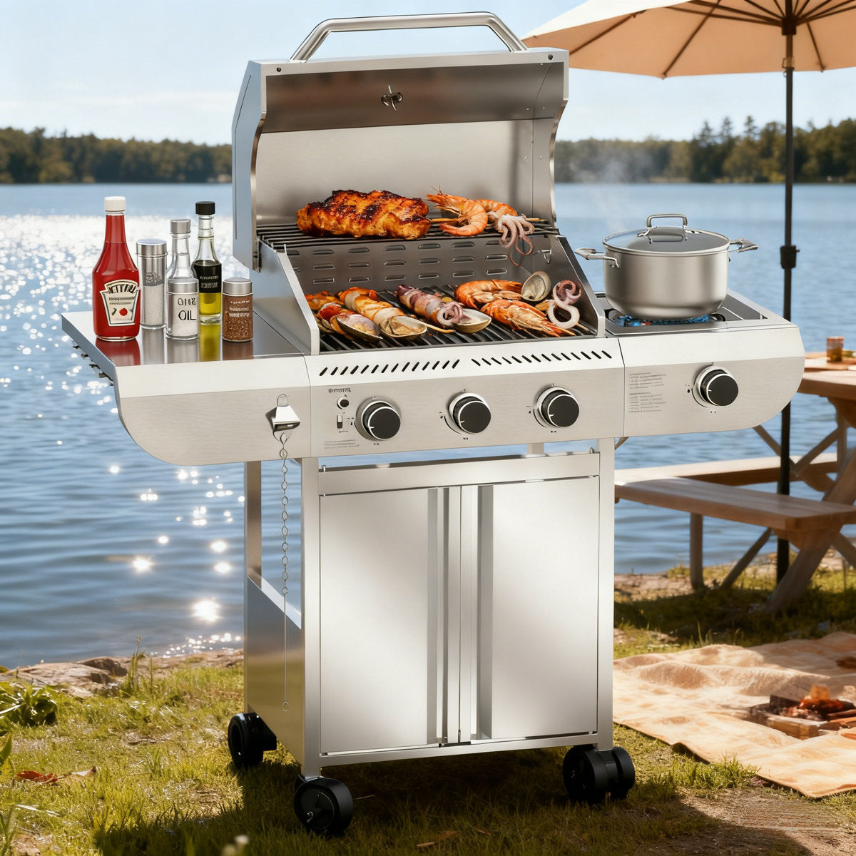R.W.FLAME 3 - Burner Stainless Steel Gas Grill with 1 Side Burner & Dual Brake Universal Wheels, 34,000 BTU Liquid Propane Gas Grill, Ideal for Outdoor Grilling & Backyard Use