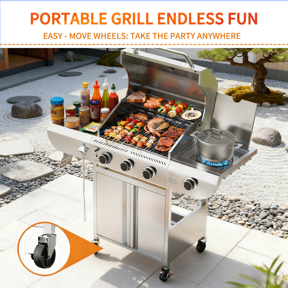 R.W.FLAME 3 - Burner Stainless Steel Gas Grill with 1 Side Burner & Dual Brake Universal Wheels, 34,000 BTU Liquid Propane Gas Grill, Ideal for Outdoor Grilling & Backyard Use