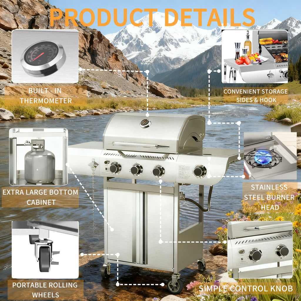R.W.FLAME 3 - Burner Stainless Steel Gas Grill with 1 Side Burner & Dual Brake Universal Wheels, 34,000 BTU Liquid Propane Gas Grill, Ideal for Outdoor Grilling & Backyard Use
