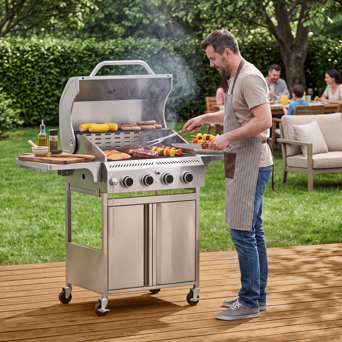 R.W.FLAME Elite 304 Stainless Steel  4 - Burner LP Gas Grill, 32K BTU Power, Equipped with Dual - Brake Wheels¡ªPerfect for Family BBQs & a Great Holiday Gift