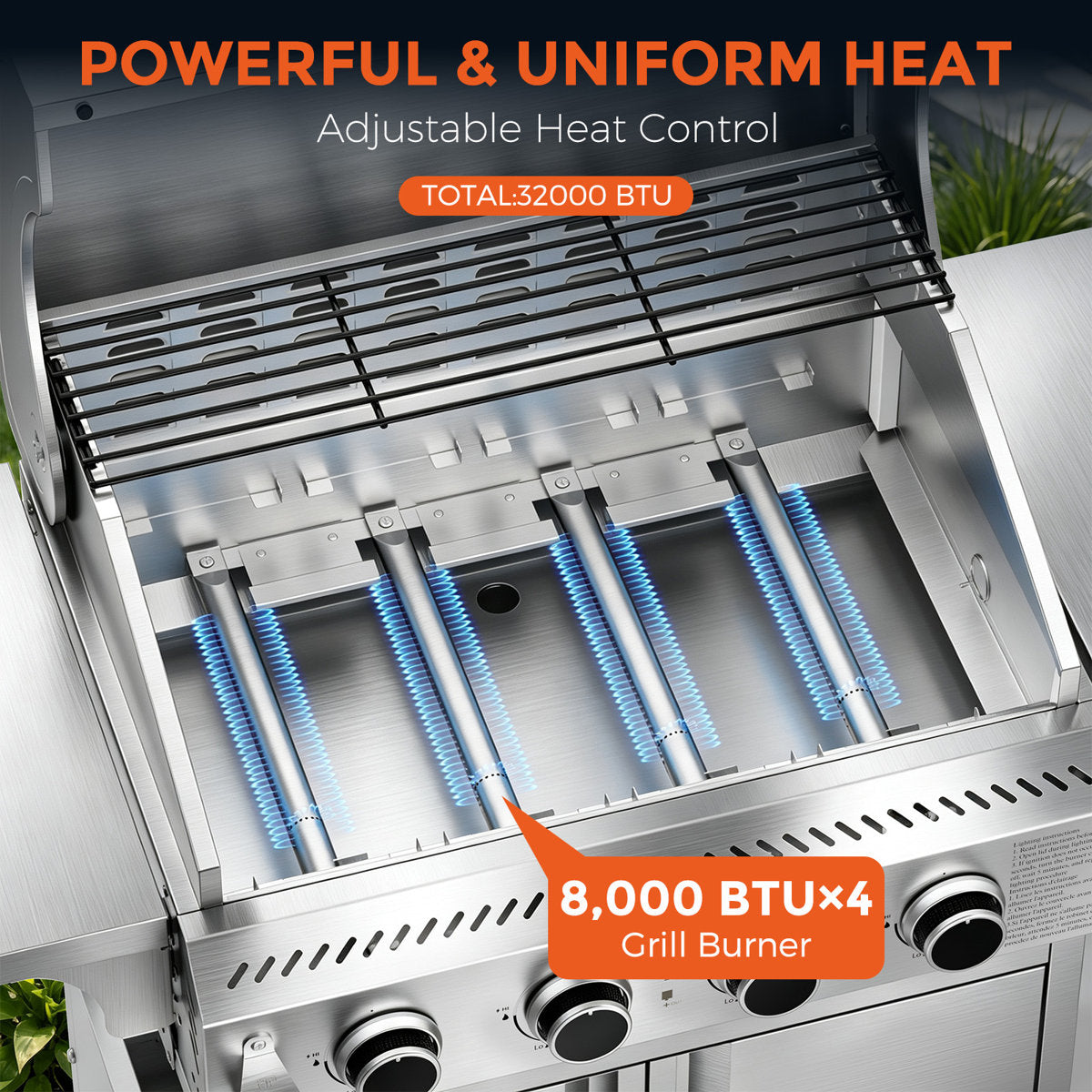 R.W.FLAME Elite 304 Stainless Steel  4 - Burner LP Gas Grill, 32K BTU Power, Equipped with Dual - Brake Wheels¡ªPerfect for Family BBQs & a Great Holiday Gift