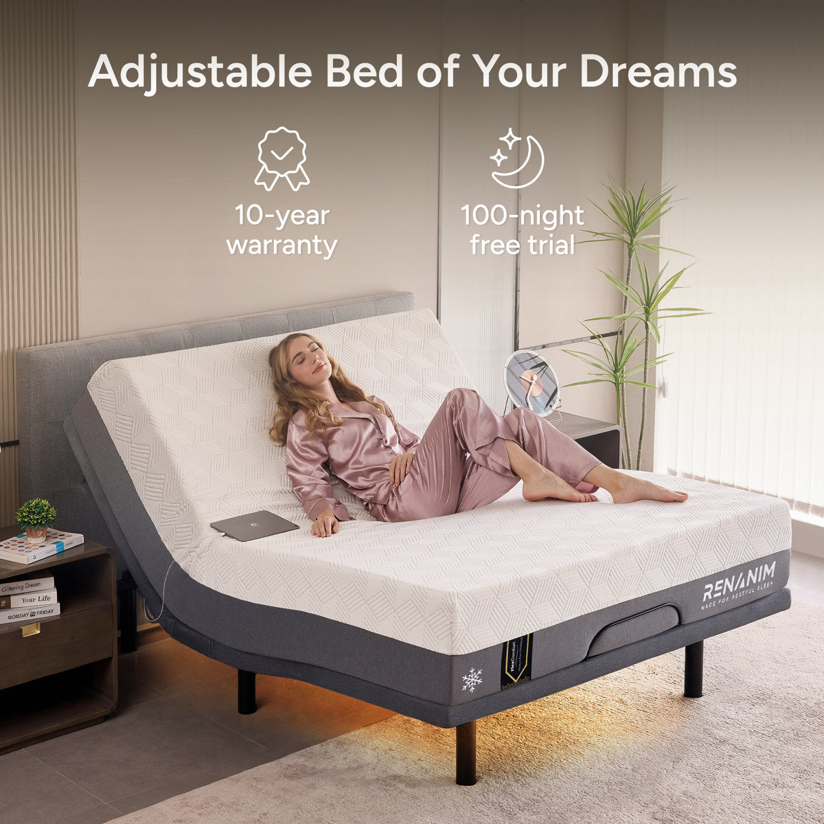 Renanim SerenityFlex Adjustable Bed Frame with Massage, USB, Underbed Light, App Control