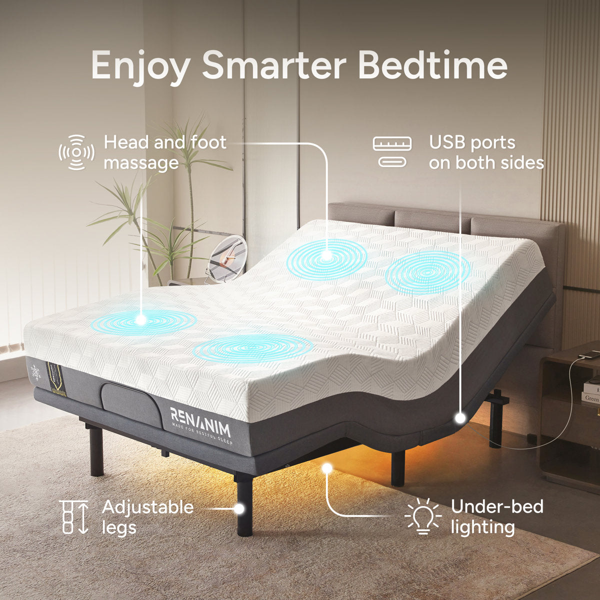 Renanim SerenityFlex Adjustable Bed Frame with Massage, USB, Underbed Light, App Control