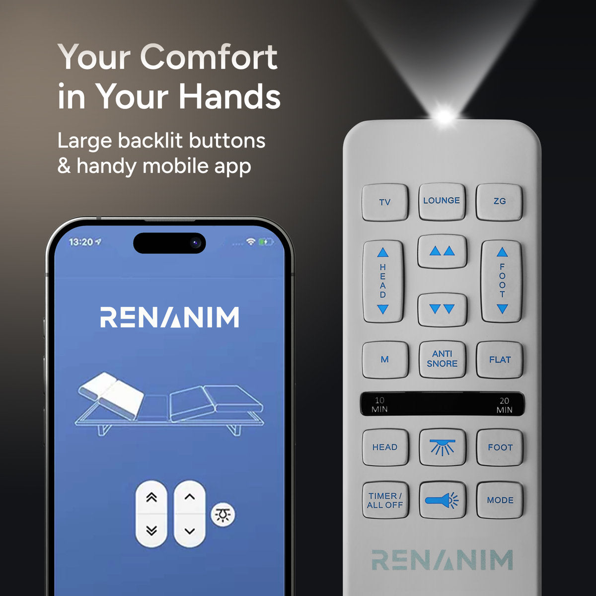 Renanim SerenityFlex Adjustable Bed with 14" Memory Foam Mattress, Massage, USB, Remote & App