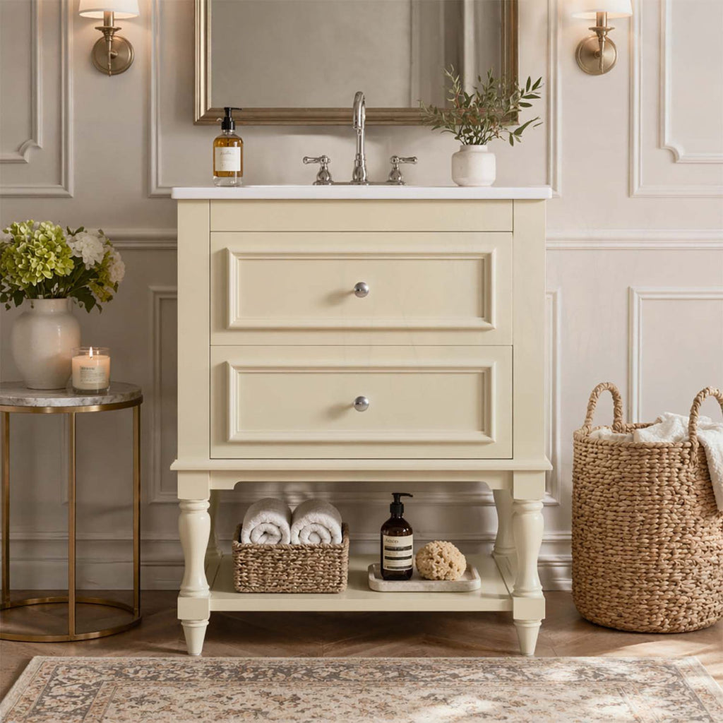 Retro Design Bathroom Vanity with Ceramic Sink and Open Shelf,Ideal for Sophisticated and Functional Bathrooms.