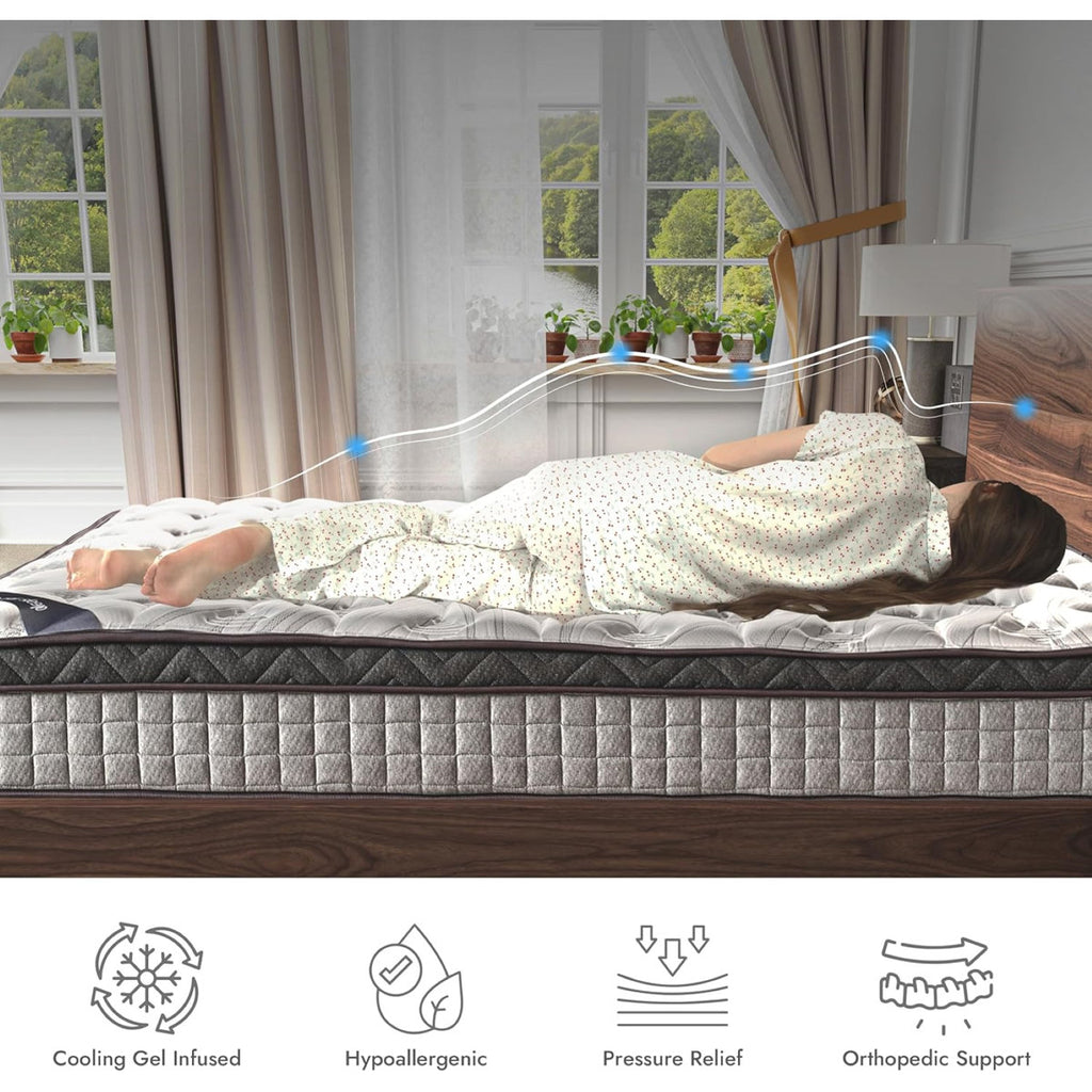 Rhuddlan Innerspring Hybrid and Cooling Gel Memory Foam Mattress, Pressure Relief, and Motion Isolation, CertiPUR-US and Oeko TEX Certified