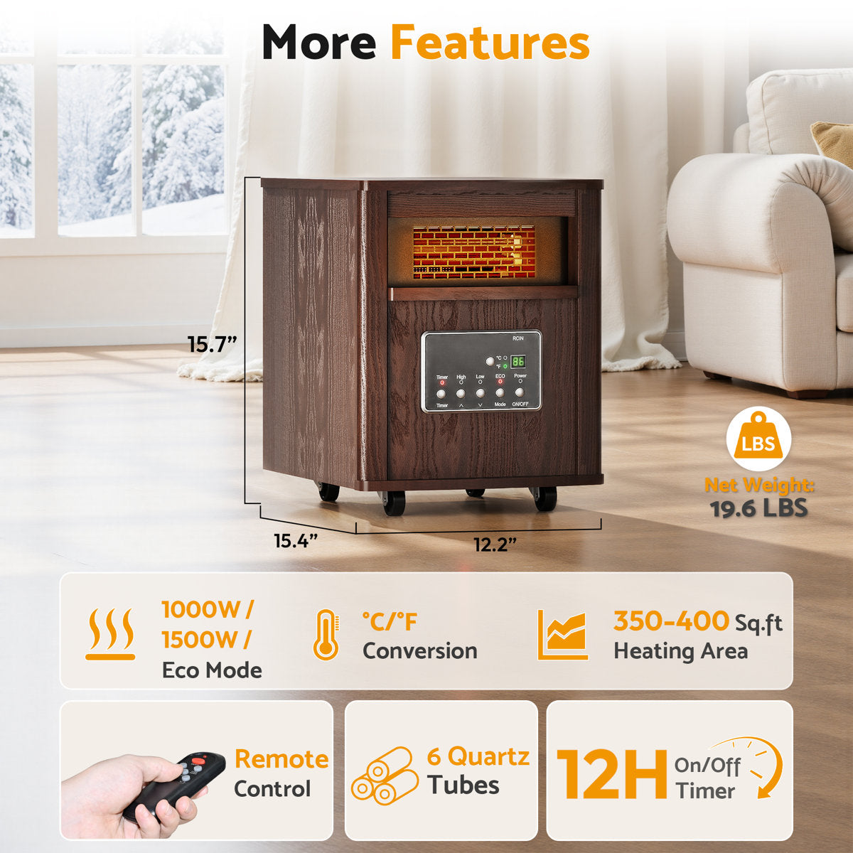 Riifi Infrared Space Heaters for Indoor Use, 1000/1500W with Wheels, Thermostat, C¡ã/F¡ã Switch, ECO
