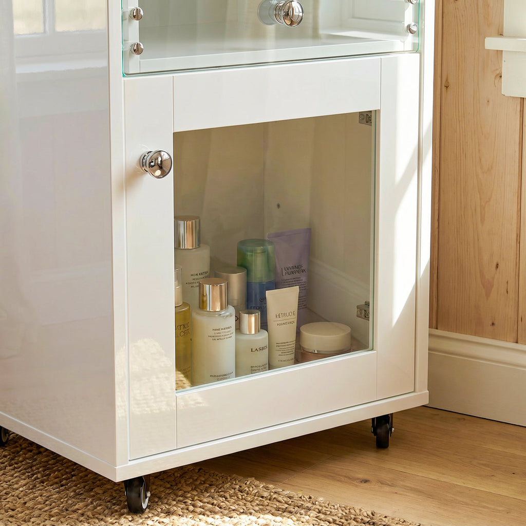 Rolling Jewelry & Makeup Cabinet with 7 Glass-Front Drawers and Locking Casters