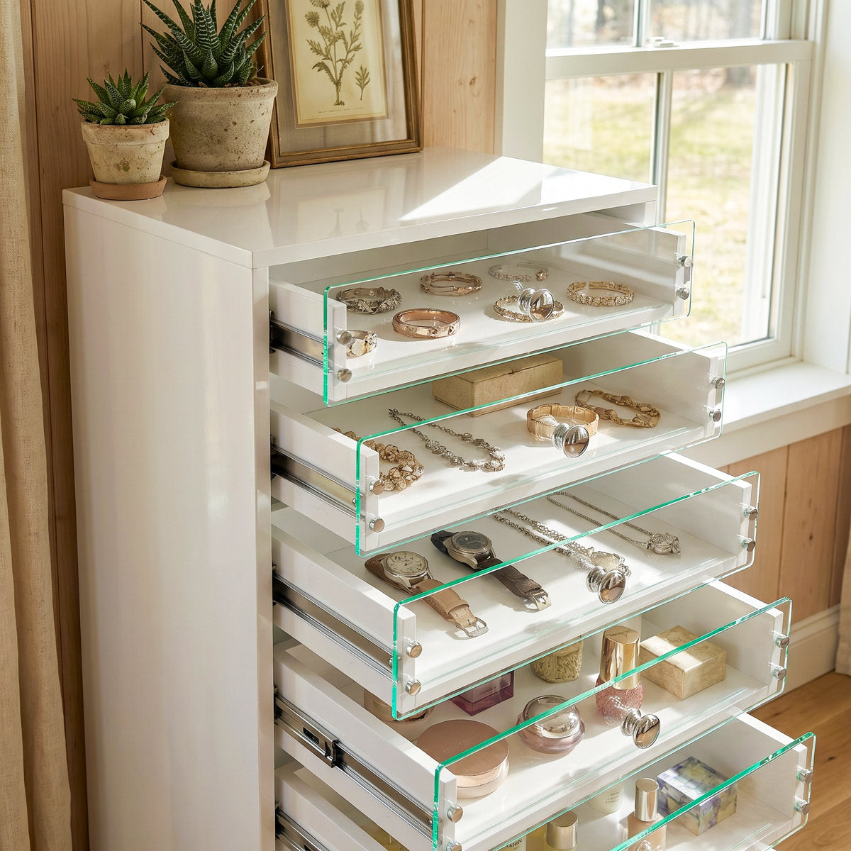 Rolling Jewelry & Makeup Cabinet with 7 Glass-Front Drawers and Locking Casters