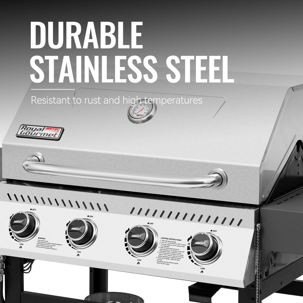 Royal Gourmet 4-Burner Gas Grill with Side Shelves, 40,000 BTU Propane Grill with Stainless Steel Lid, Black