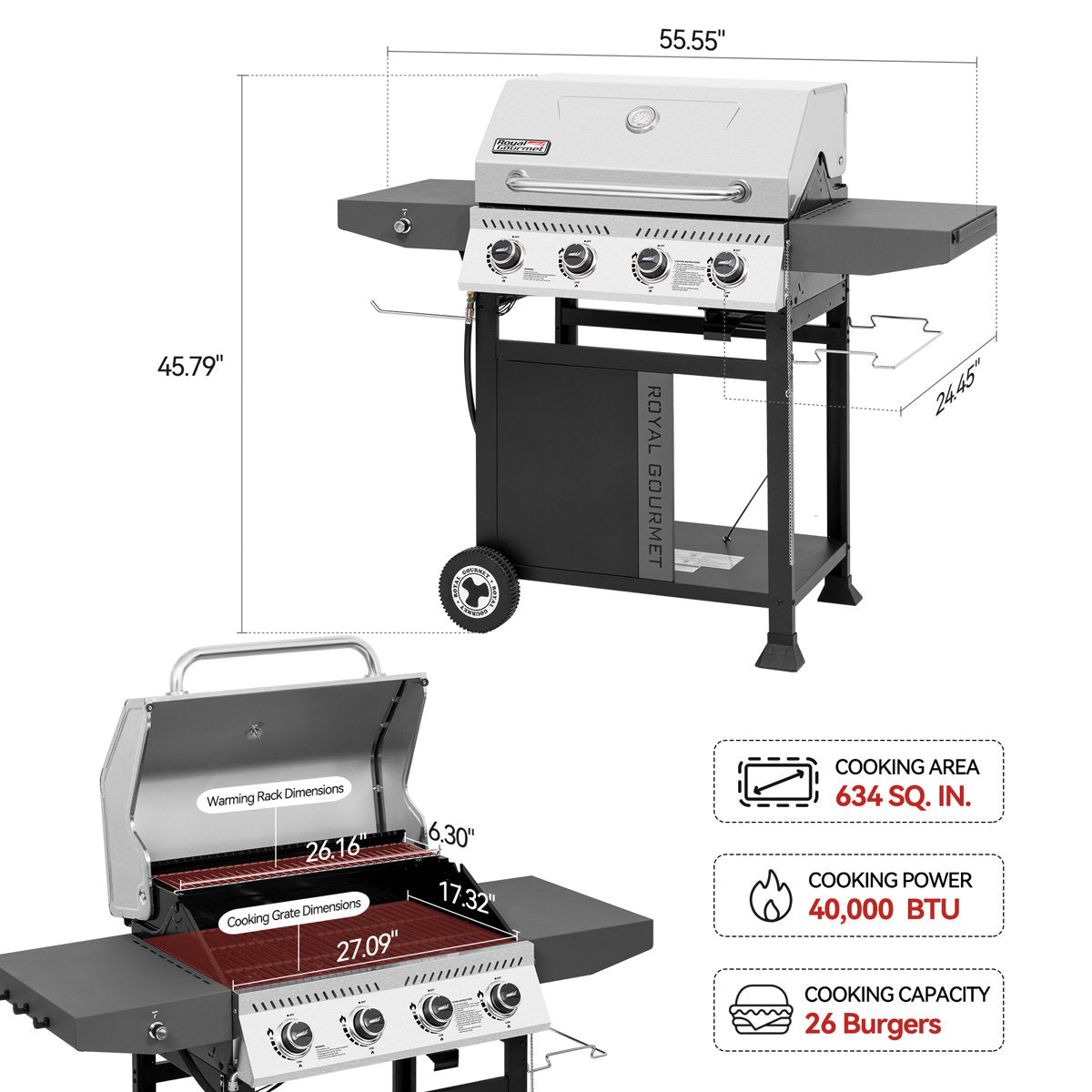 Royal Gourmet 4-Burner Gas Grill with Side Shelves, 40,000 BTU Propane Grill with Stainless Steel Lid, Black