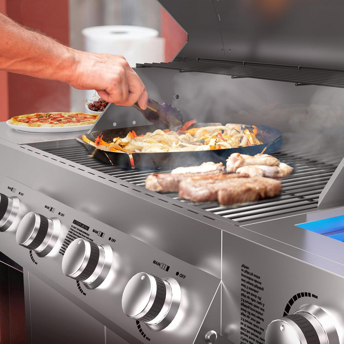 SKOK 4 Burner Propane Gas BBQ Grill with Side Burner, 58000 BTU Output for Outdoor Cooking Kitchen and Patio Backyard Barbecue