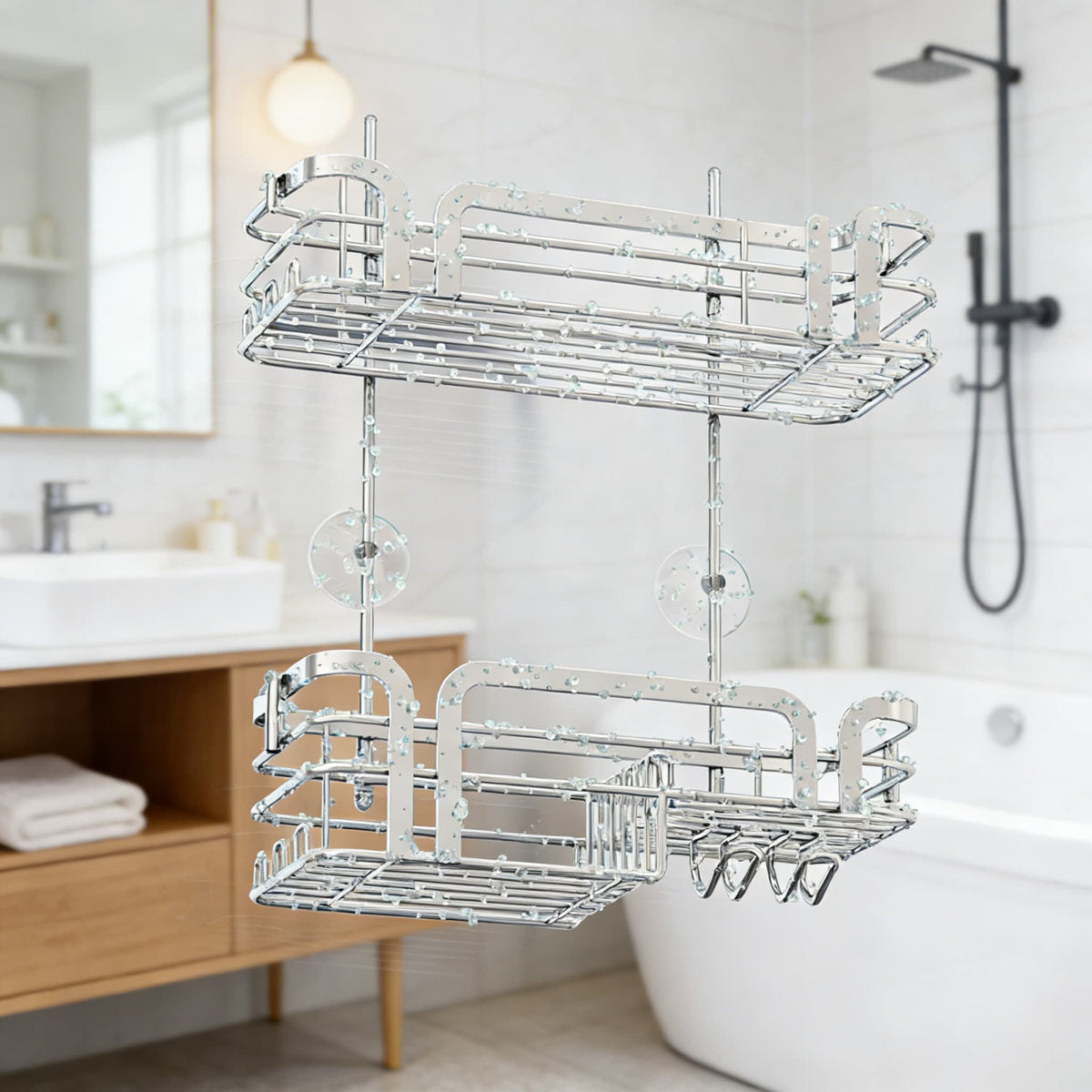 Shower Caddy Hanging Organizer - Over The Door Rustproof Stainless Steel Bathroom Storage With 2 Shelves, 11 Hooks, And Multiple No-Drill Installation Options