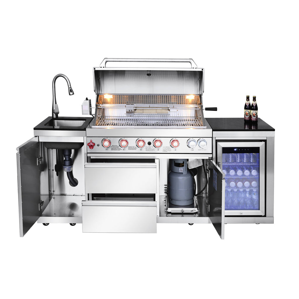Silver 85 - Inch Outdoor Kitchen Island With 6 Burner 85000 Gas Grill, Stainless Steel Sink, Storage Cabinet, And Compact Refrigerator American Design, 304 Barbecue Storage, Inch,