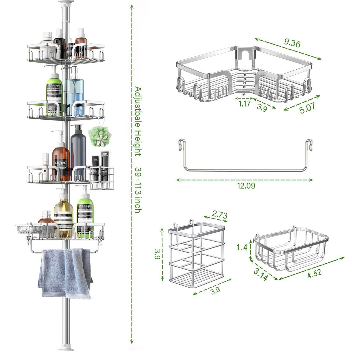 Silver Stainless Steel Tension Pole Shower Caddy with Toothpaste Box, Adjustable Height Corner Organizer for Bathtub and Shower Single