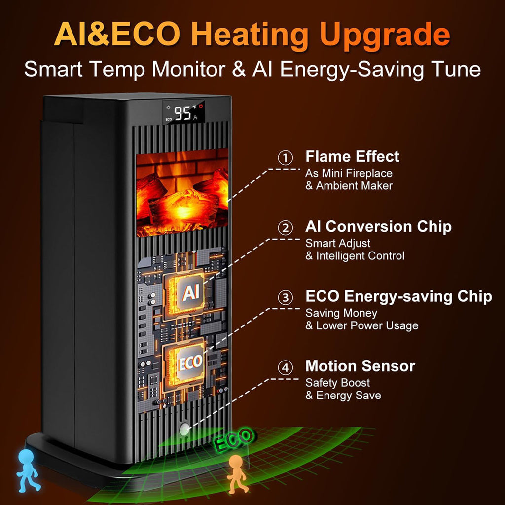 Smart 1500w Space Heater With 3d Flame Effect & Infrared Sensor