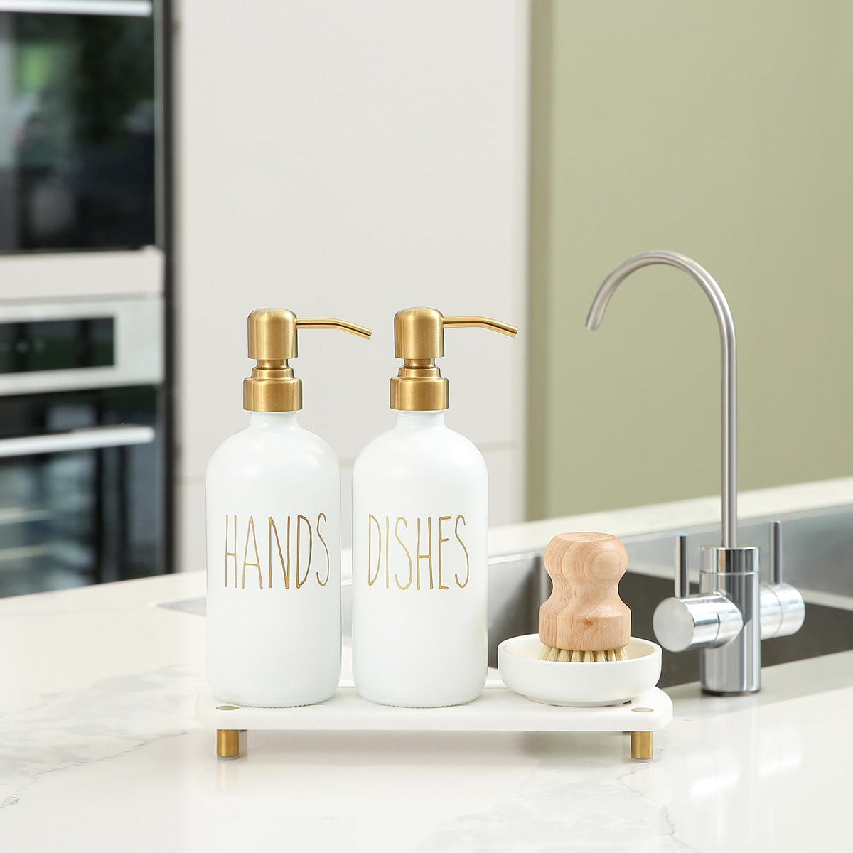 Soap Dispenser Set Comes With Stainless Steel Pumps, Instant Dry Tray, And Dish Scrub Brush, Suitable For Kitchen Decor And Accessories