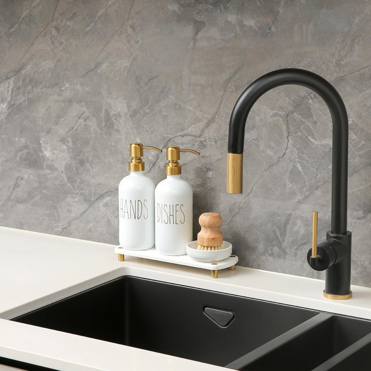 Soap Dispenser Set Comes With Stainless Steel Pumps, Instant Dry Tray, And Dish Scrub Brush, Suitable For Kitchen Decor And Accessories