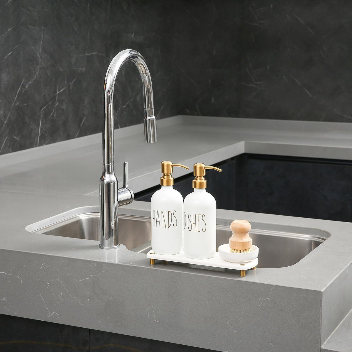Soap Dispenser Set Comes With Stainless Steel Pumps, Instant Dry Tray, And Dish Scrub Brush, Suitable For Kitchen Decor And Accessories