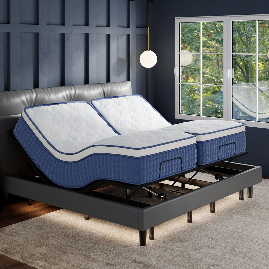 Split King Adjustable Bed with 14” Dual Foam Hybrid Mattress, Zero Gravity, Massage, Wireless Remote, and Underbed Light