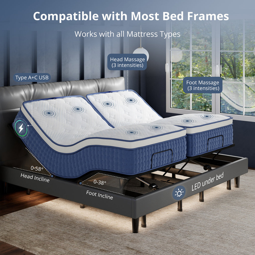 Split King Adjustable Bed with 14” Dual Foam Hybrid Mattress, Zero Gravity, Massage, Wireless Remote, and Underbed Light