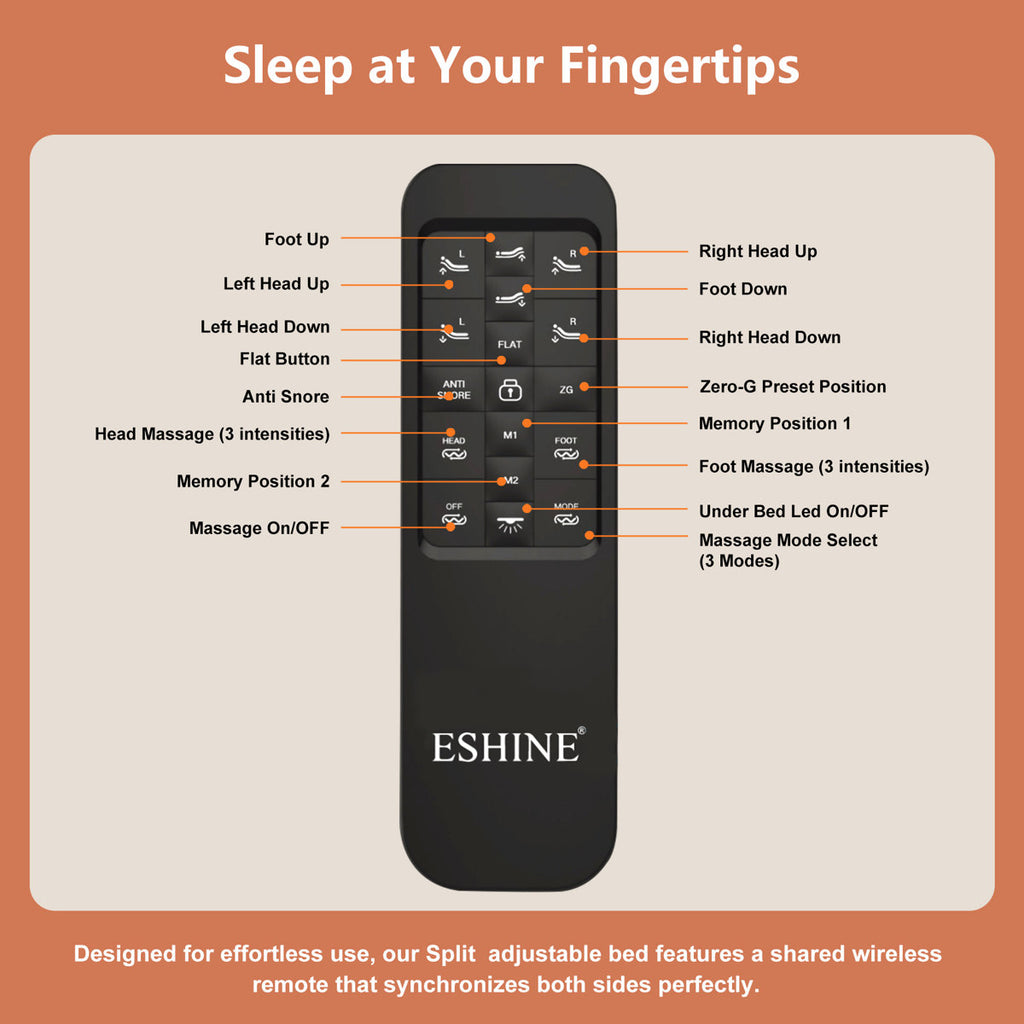Split Top King Adjustable Bed Frame, Included Massage, USB & Type C Ports, Underbed Nightlight, Wireless Remote, Zero Gravity, E3000 Sunset Orange
