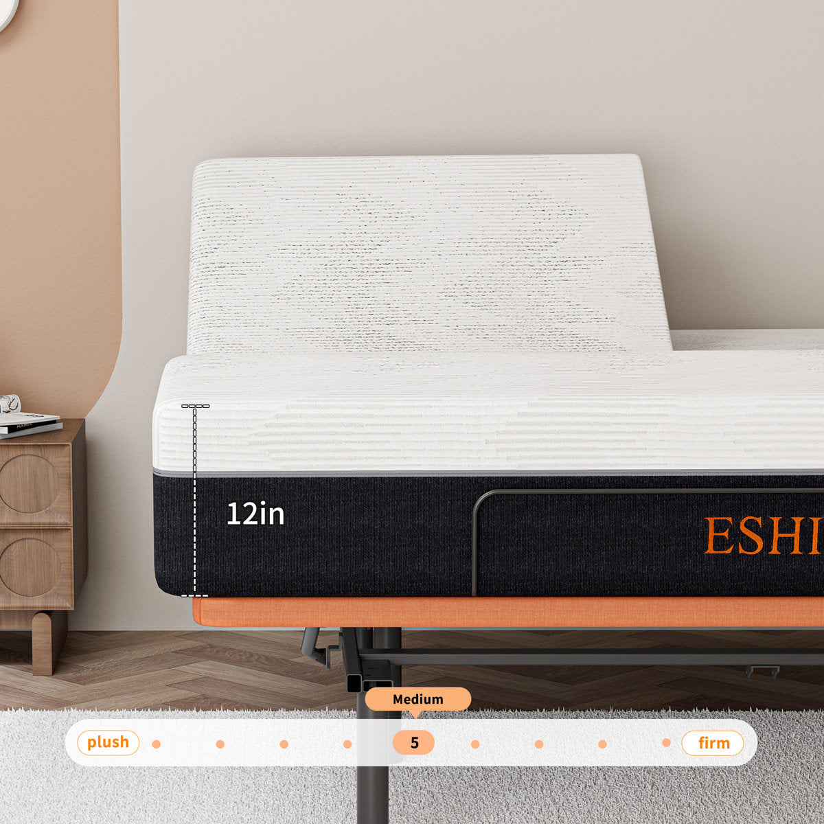Split Top King Adjustable Bed Frame With 12'' Medium Plush Memory Foam Mattress, USB & Type C Ports, Massaging, Wireless Remote, E3000 Sunset Orange