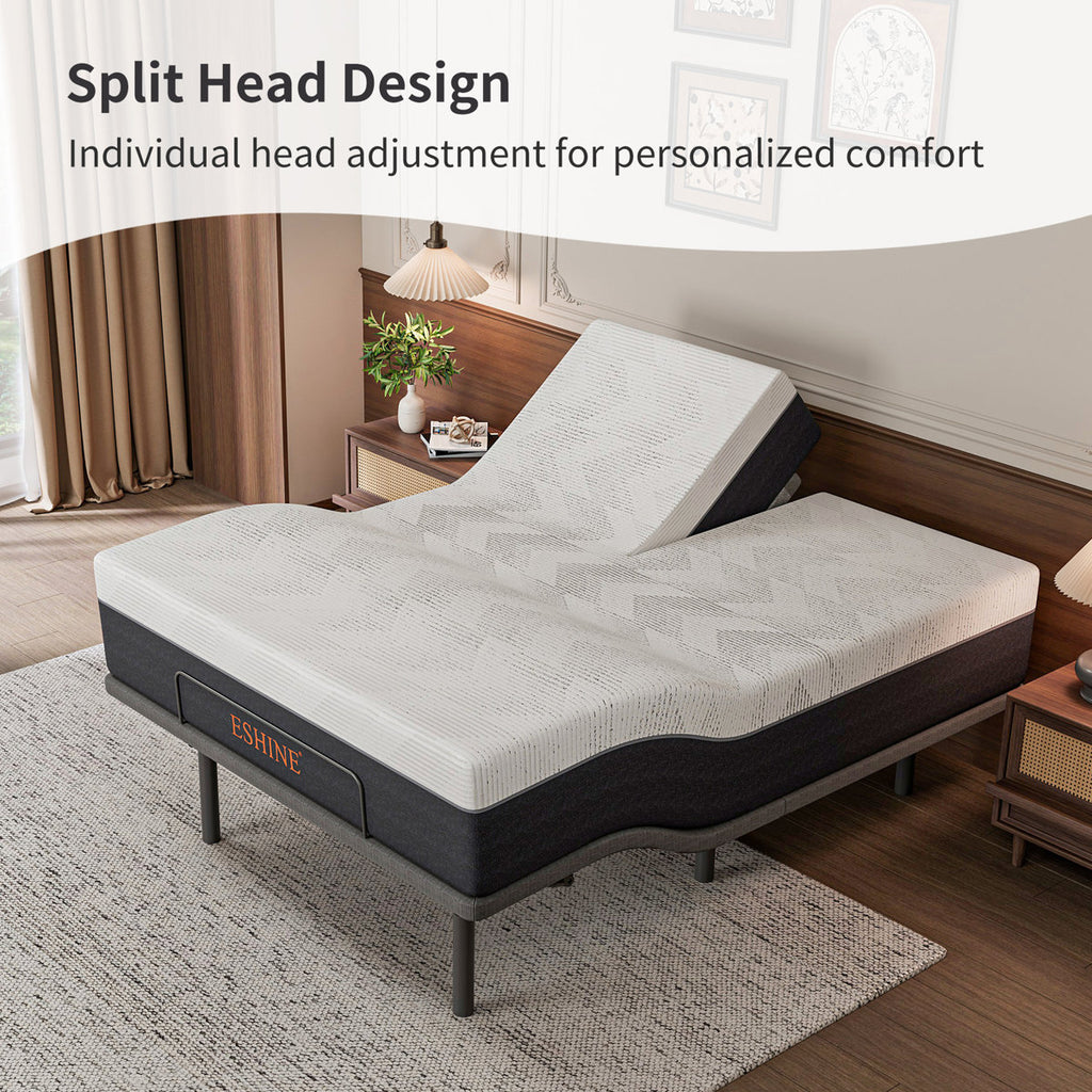 Split Top Queen Adjustable Bed Frame With 14'' Medium Plush Memory Foam Mattress, Wireless Remote & App Control, Massaging, Under Bed Light, E3100 Urban Grey