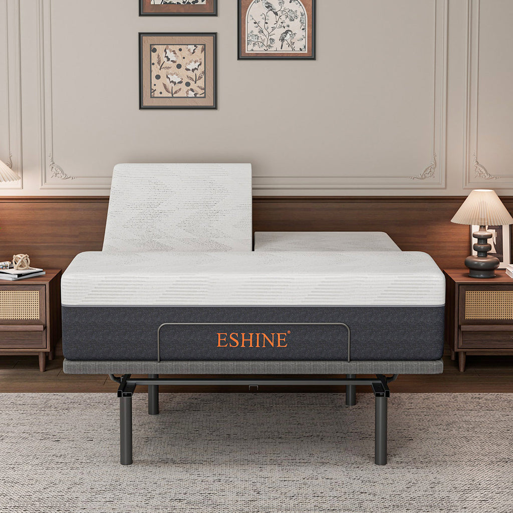 Split Top Queen Adjustable Bed Frame With 14'' Medium Plush Memory Foam Mattress, Wireless Remote & App Control, Massaging, Under Bed Light, E3100 Urban Grey
