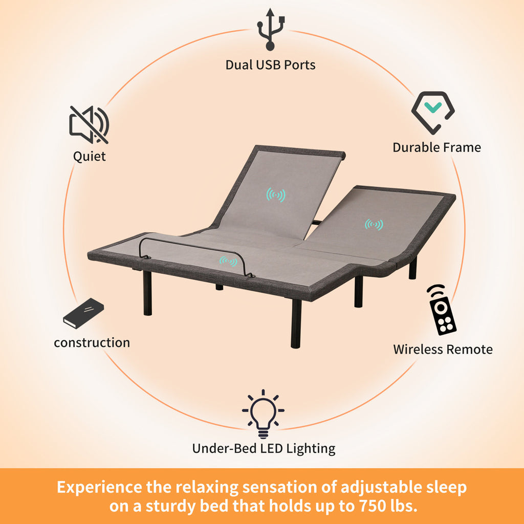 Split Top Queen Adjustable Bed Frame With 14'' Medium Plush Memory Foam Mattress, Wireless Remote & App Control, Massaging, Under Bed Light, E3100 Urban Grey