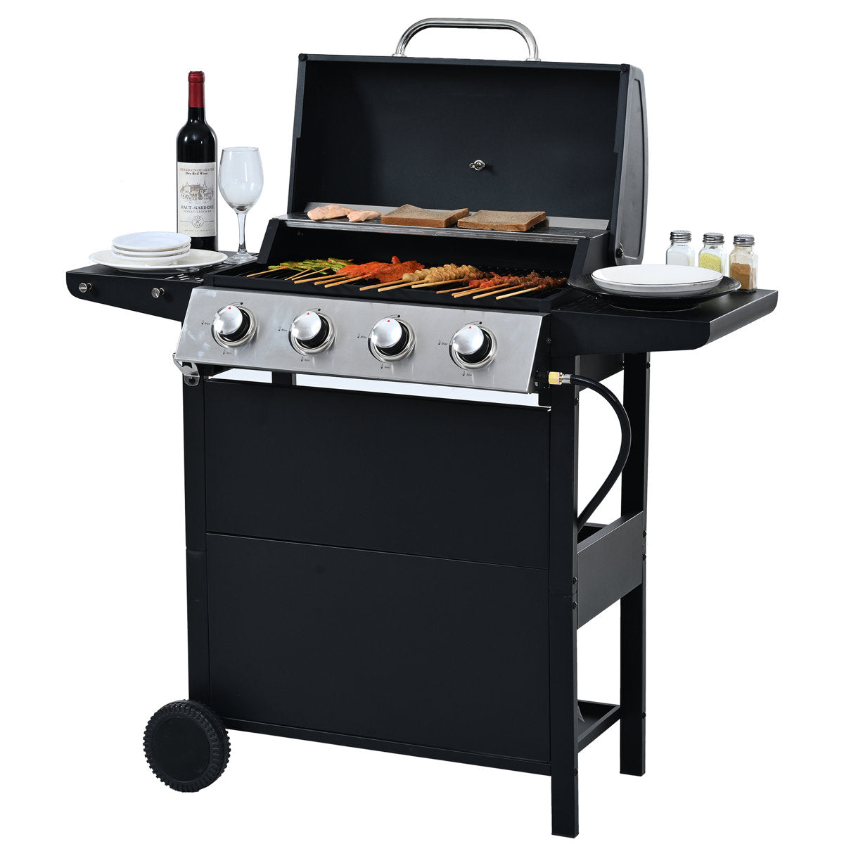 Stainless Steel 34,000 Propane Gas Grill 4 Burner, With Two Shelves, Wheels, And An Ignition System For Patio Burner In Steel, , Grates Storage Shelves Courtyard