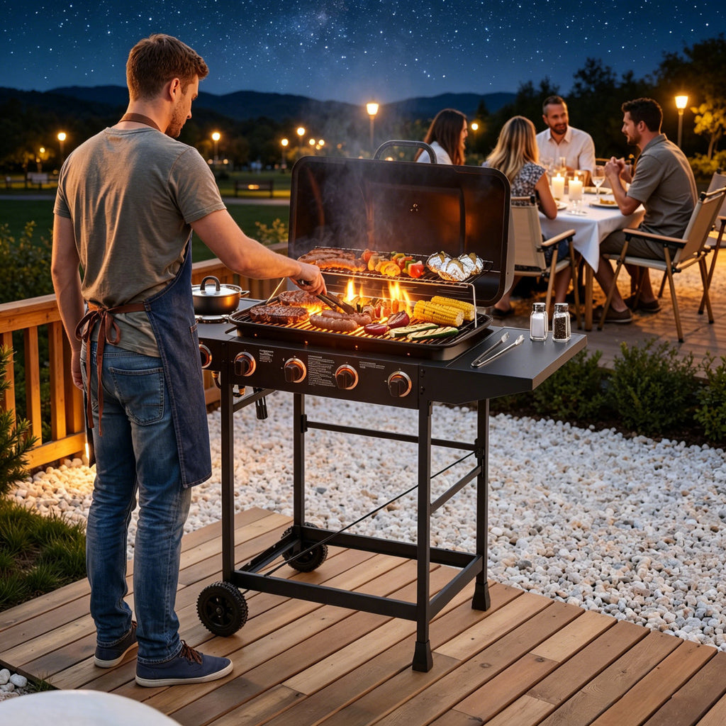 Stainless Steel Barbecue Grill, 4 Burner BBQ Propane Gas Grill with Side Burner 42000 BTU Output with Enamel-Coated Grates and Side Tables for Outdoor Cooking Kitchen and Patio Backyard