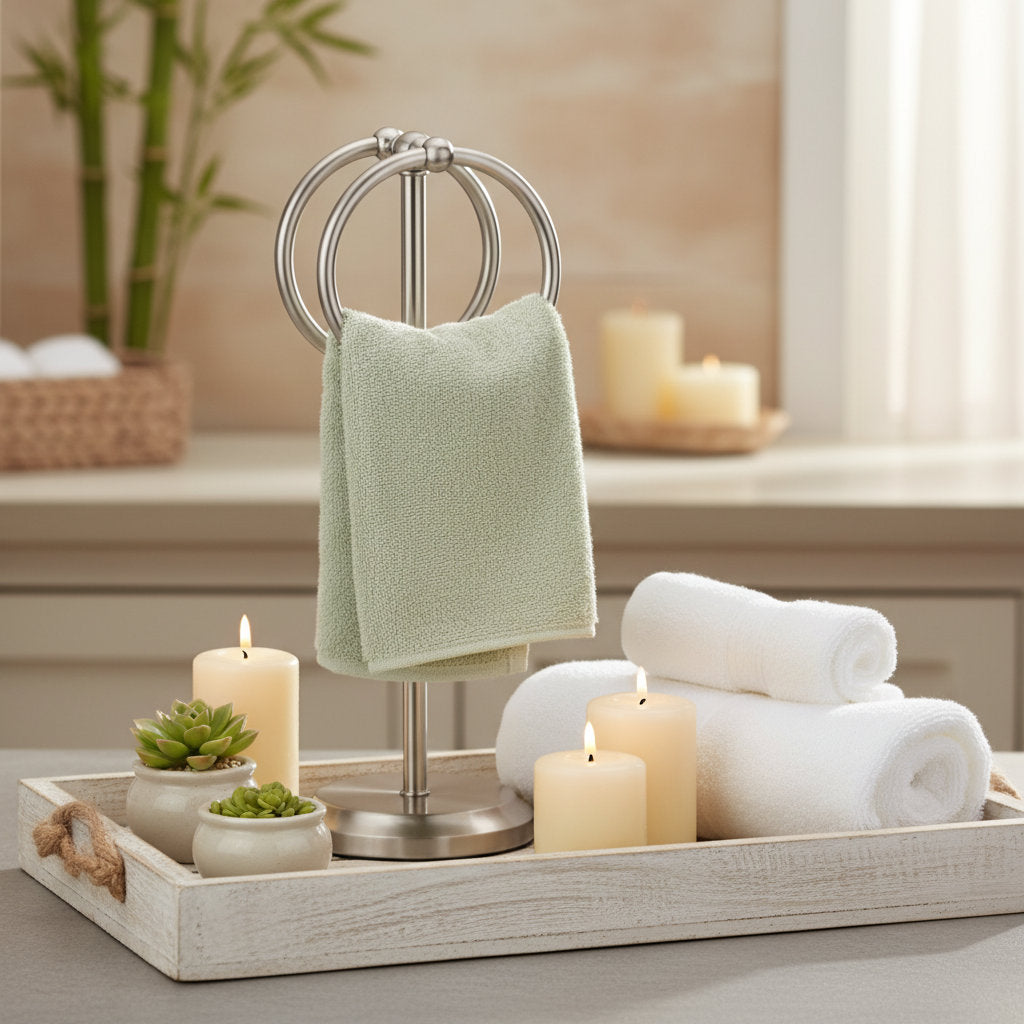 Steel Towel Rack Holder Stand with 2 Hanging Rings for Bathroom Vanity Countertops - Space Saving Hand Towel Holder 3264-SN