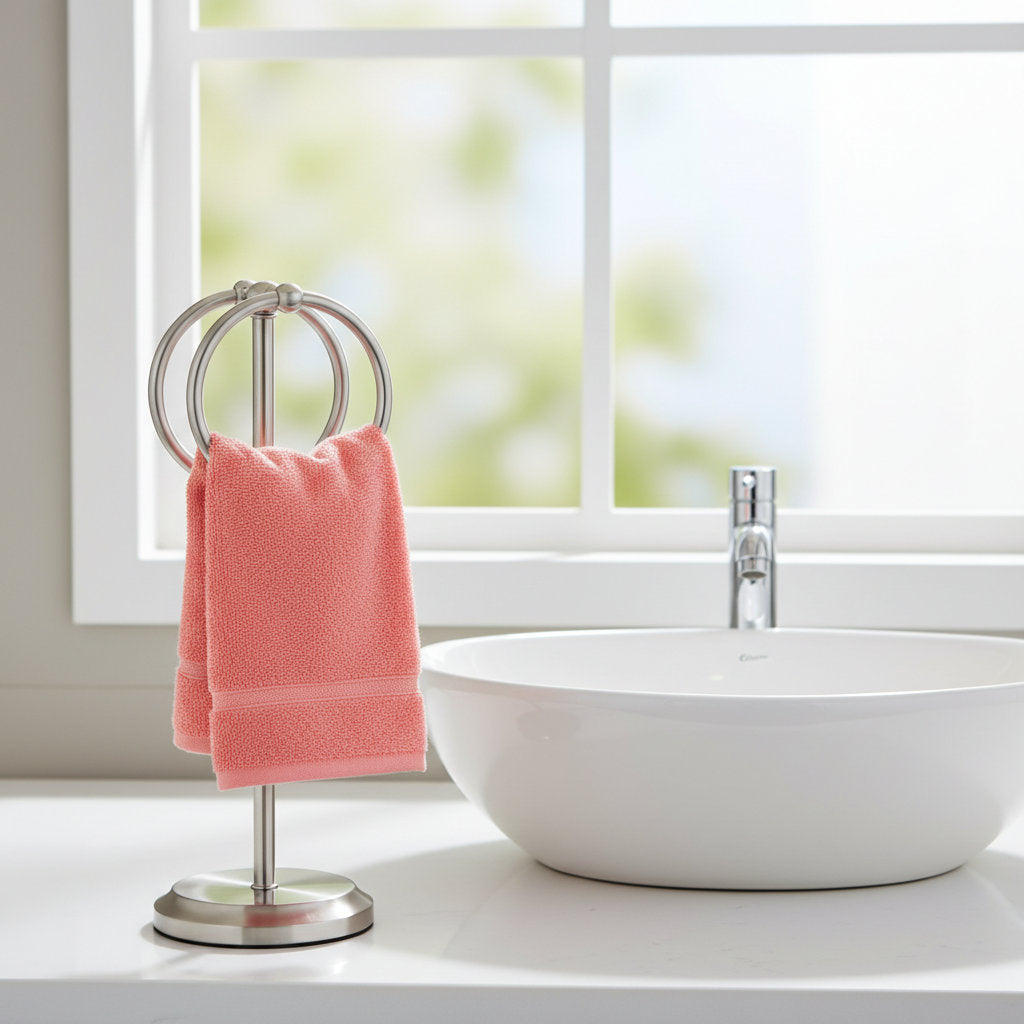 Steel Towel Rack Holder Stand with 2 Hanging Rings for Bathroom Vanity Countertops - Space Saving Hand Towel Holder 3264-SN