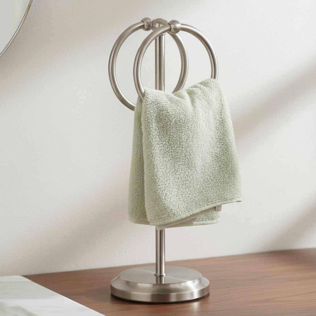 Steel Towel Rack Holder Stand with 2 Hanging Rings for Bathroom Vanity Countertops - Space Saving Hand Towel Holder 3264-SN