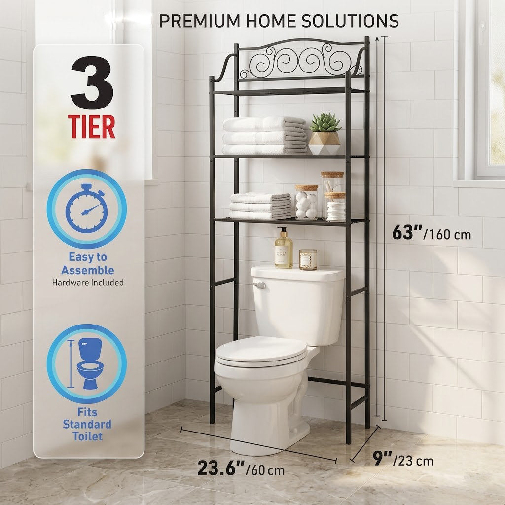 Stylish and Functional 3-Tier Over-The-Toilet Storage Rack & Space Saver Shelf (63" x 23"), Brown