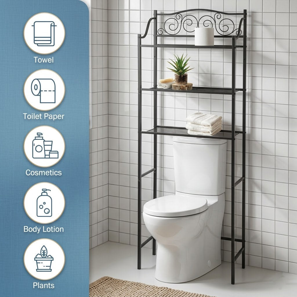 Stylish and Functional 3-Tier Over-The-Toilet Storage Rack & Space Saver Shelf (63" x 23"), Brown