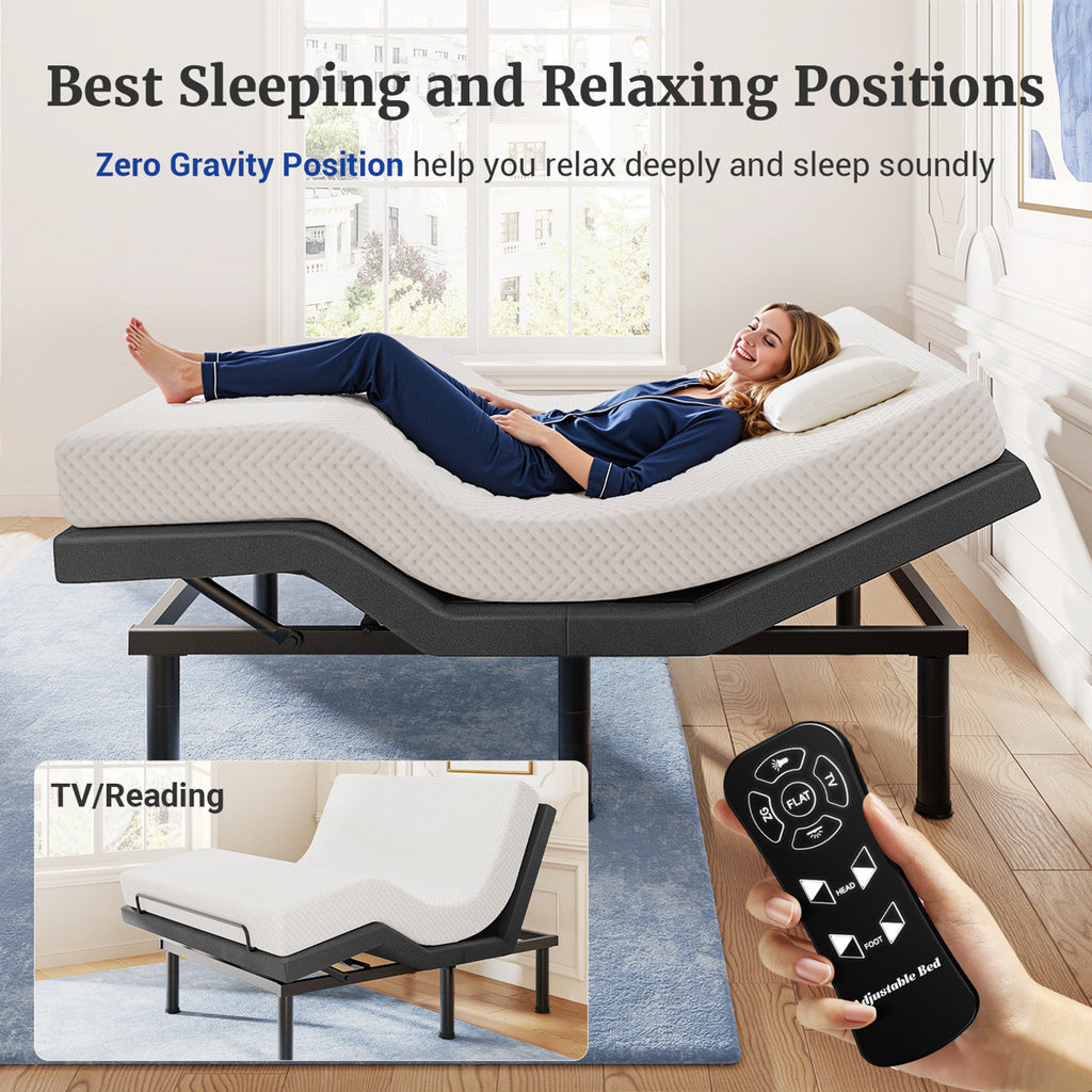 T450 Adjustable Bed Frame Full with Remote, Ergonomic Adjustable Base with Head & Foot Incline, Zero Gravity, Nightlight, Quiet Motor, and 3 Height-Adjustable Legs, Easy Assembly