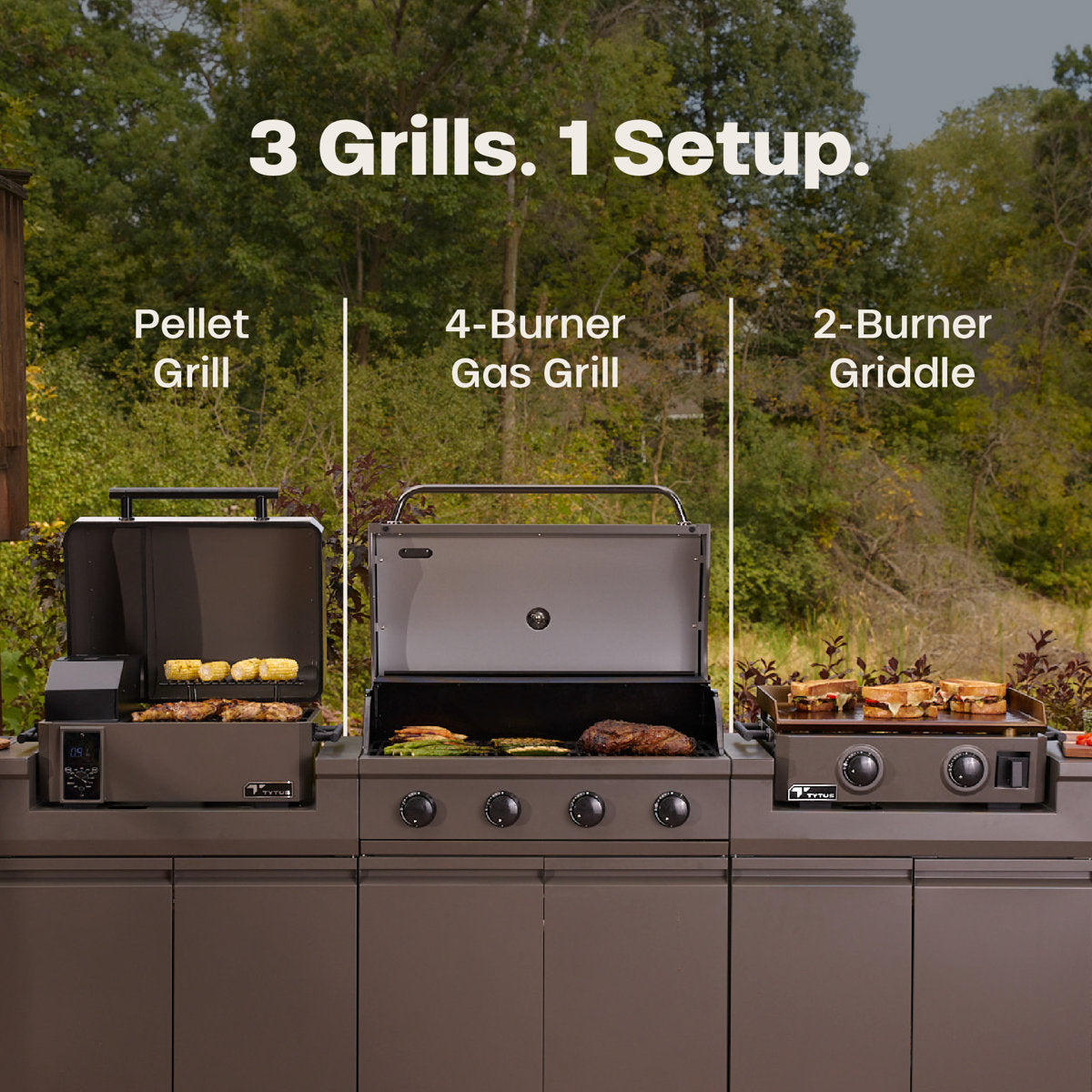 TYTUS Modular 4-Burner Gas Grill, Pellet Smoker with Cart and Gas Griddle with Cart
