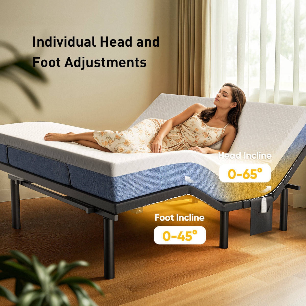Taha Adjustable Bed with Massage APP Connects Adjustable Base Frame with 4 Height Options, Wireless Control Adjustable Bed with Under Bed Nightlight
