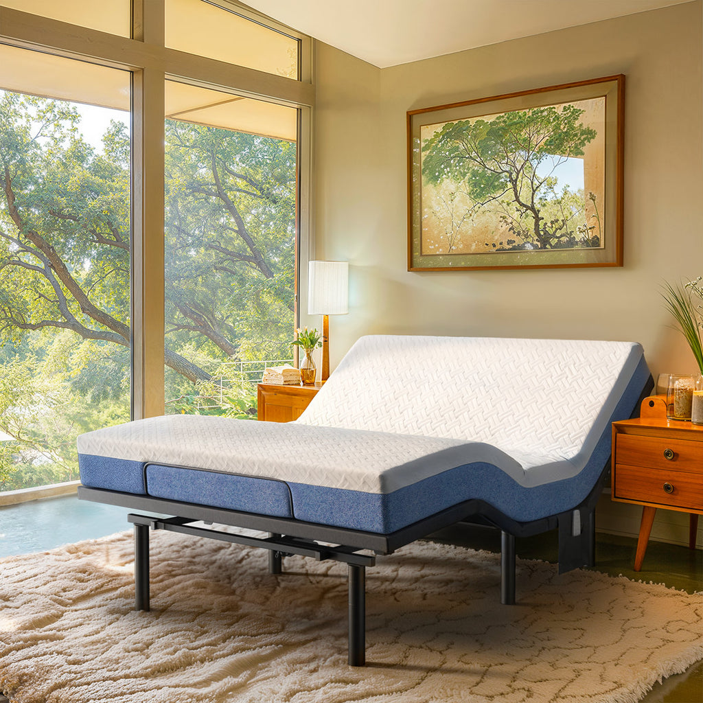 Taha Adjustable Bed with Massage APP Connects Adjustable Base Frame with 4 Height Options, Wireless Control Adjustable Bed with Under Bed Nightlight