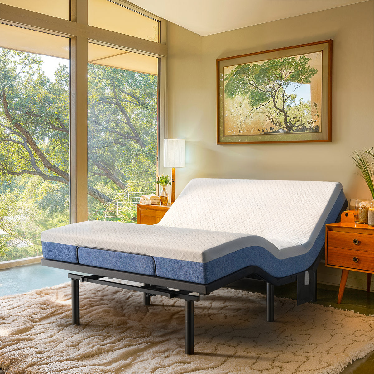 Taha Adjustable Bed with Massage APP Connects Adjustable Base Frame with 4 Height Options, Wireless Control Adjustable Bed with Under Bed Nightlight