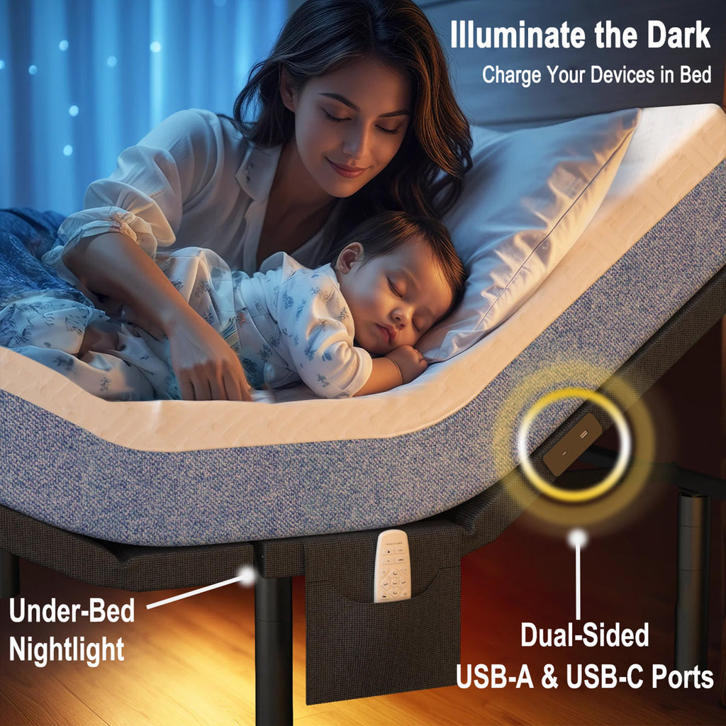 Taha Adjustable Bed with Massage APP Connects Adjustable Base Frame with 4 Height Options, Wireless Control Adjustable Bed with Under Bed Nightlight