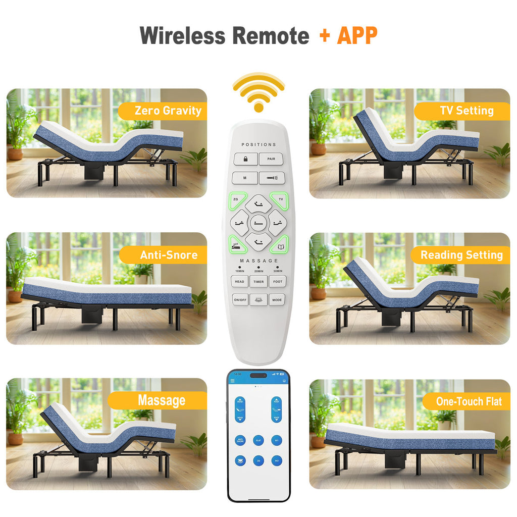 Taha Adjustable Bed with Massage APP Connects Adjustable Base Frame with 4 Height Options, Wireless Control Adjustable Bed with Under Bed Nightlight