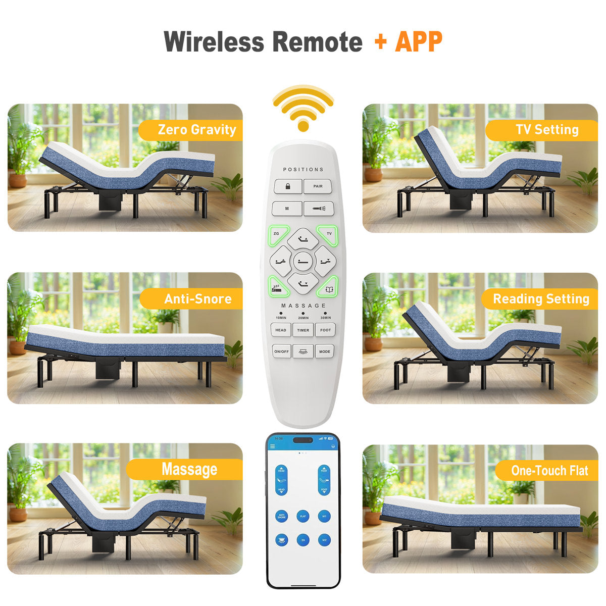 Taha Adjustable Bed with Massage APP Connects Adjustable Base Frame with 4 Height Options, Wireless Control Adjustable Bed with Under Bed Nightlight