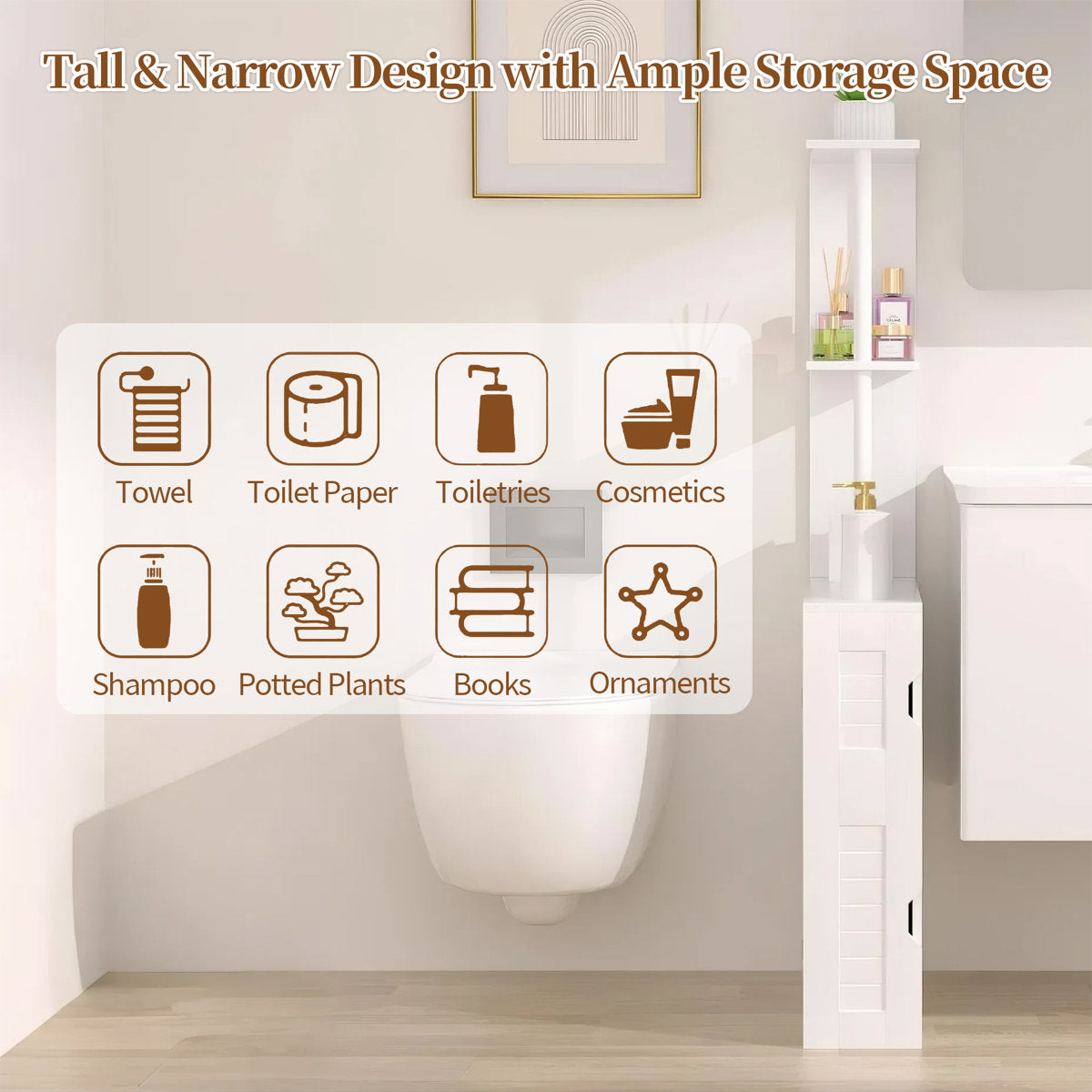 Tall Bathroom Storage Cabinet, Freestanding Linen Tower With 2-Tier Shelf And Cabinets, Narrow Side Floor Organizer For Small Spaces
