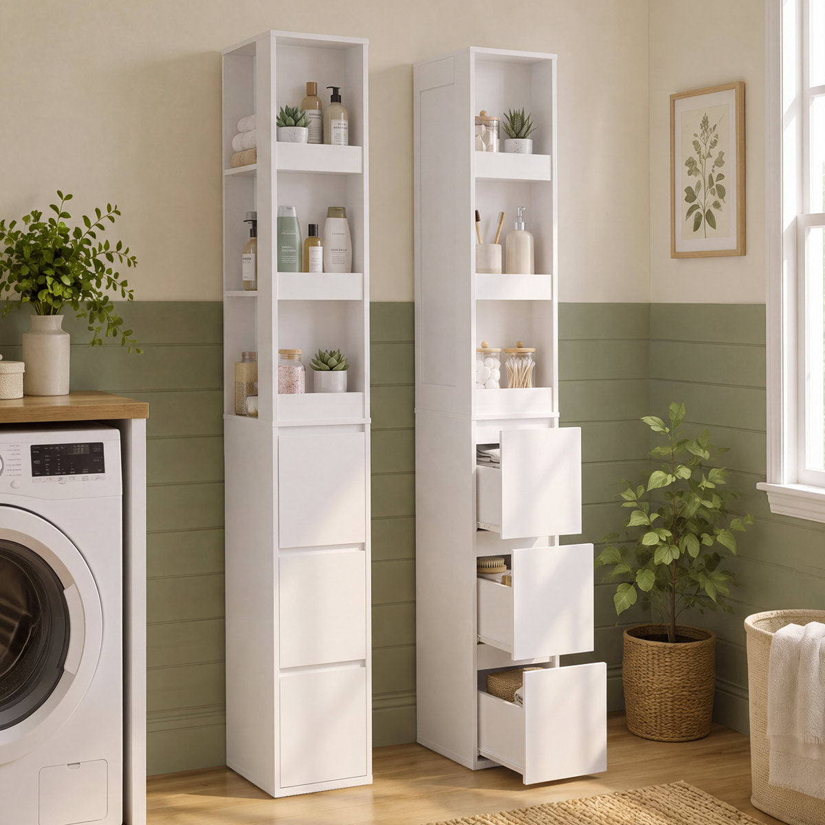 Tall Narrow Freestanding Bathroom Storage Cabinet with Open Shelves & 3‑Drawers, Floor Linen Tower for Laundry Room, Living Room, Small Compact Spaces